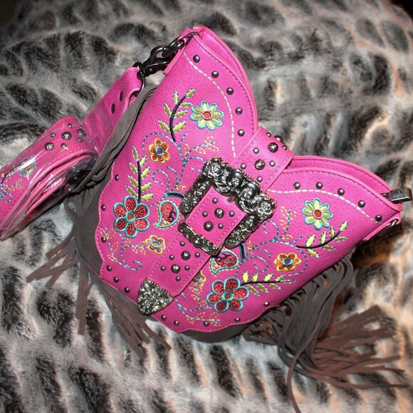 Montana West Western Hot Pink Handbag Silver Belt Buckle Hippie Fringe Purse - Picture 6 of 12